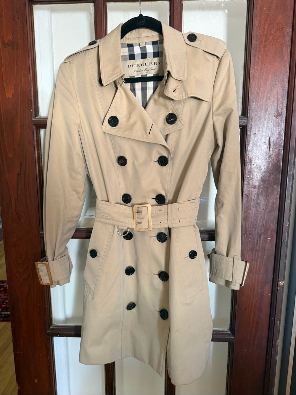 Burberry Honey Beige Double-Breasted Trench Coat with Gold Belt + Buckles